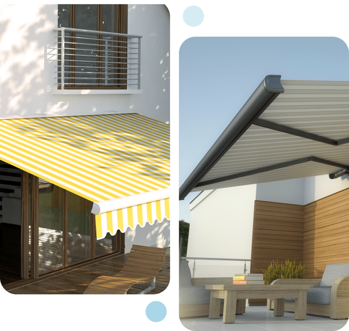 Yellow striped retractable awning on a sunny balcony.