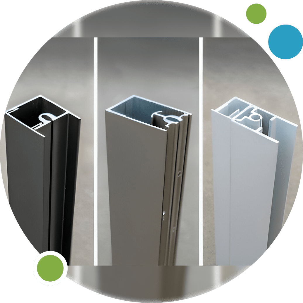 Three vertical aluminum profiles in black, bronze, and white finishes.