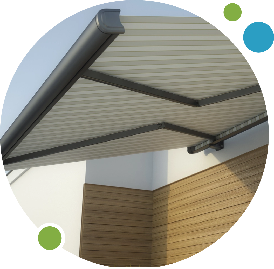 Modern outdoor pergola with adjustable slats for shade control.